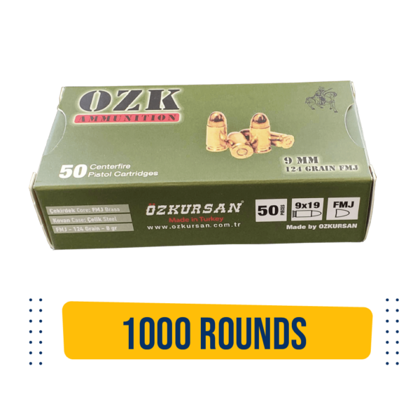 OZK 9mm Ammo - Brass Coated - 124 grain - 1000 rds. - Ozkursan OZK Green