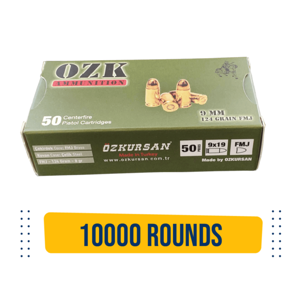 OZK 9mm Ammo - Brass Coated - 124 grain - 10000 rds. - Ozkursan OZK Green