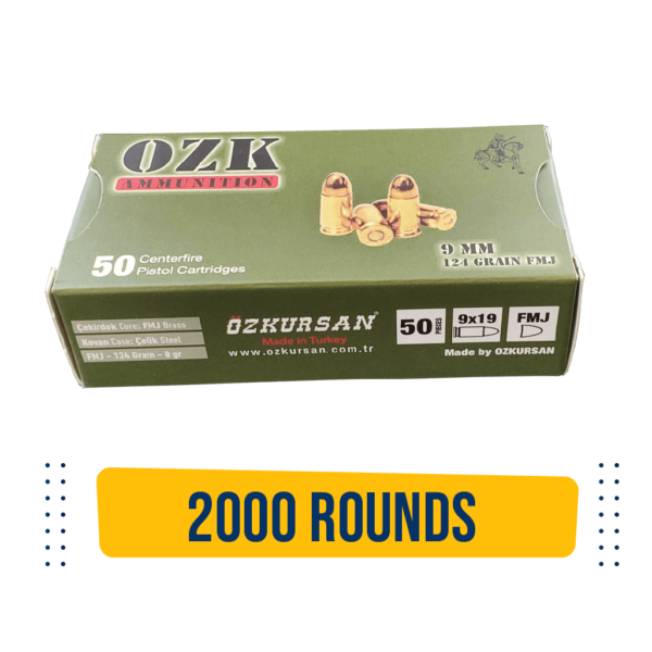 OZK 9mm Ammo - Brass Coated - 124 grain - 2000 rds. - Ozkursan OZK Green