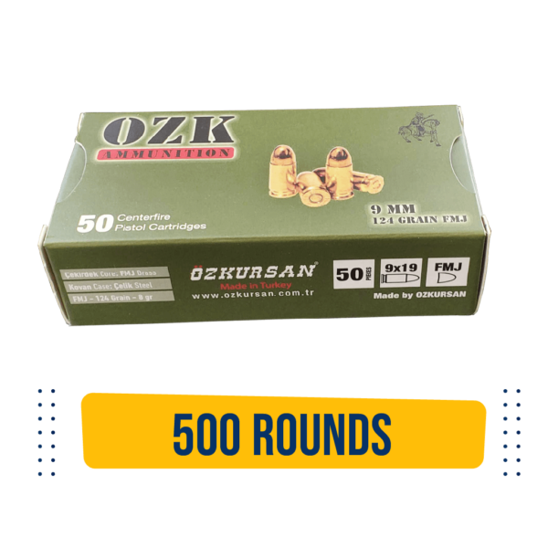OZK 9mm Ammo - Brass Coated - 124 grain - 500 rds. - Ozkursan OZK Green